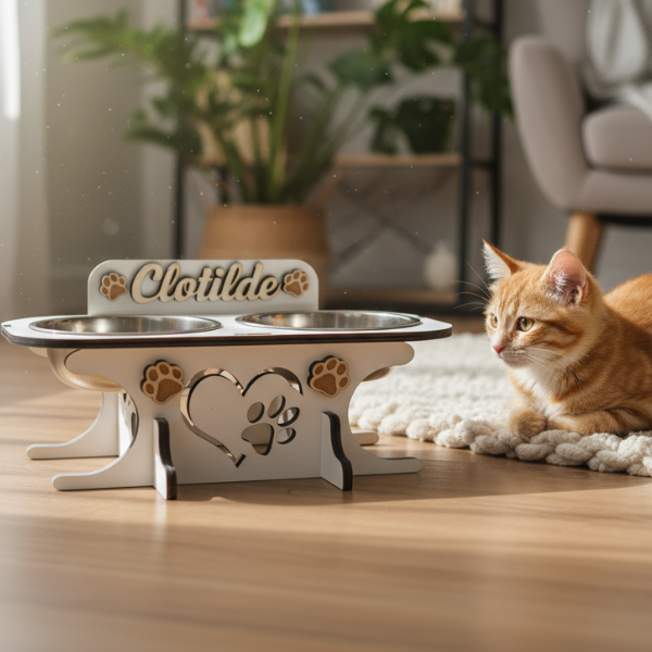 Wooden bowl holder with engraved name — elegant, ergonomic design, custom-made for your dog and cat