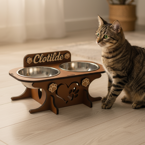 Wooden bowl holder with engraved name — elegant, ergonomic design, custom-made for your dog and cat