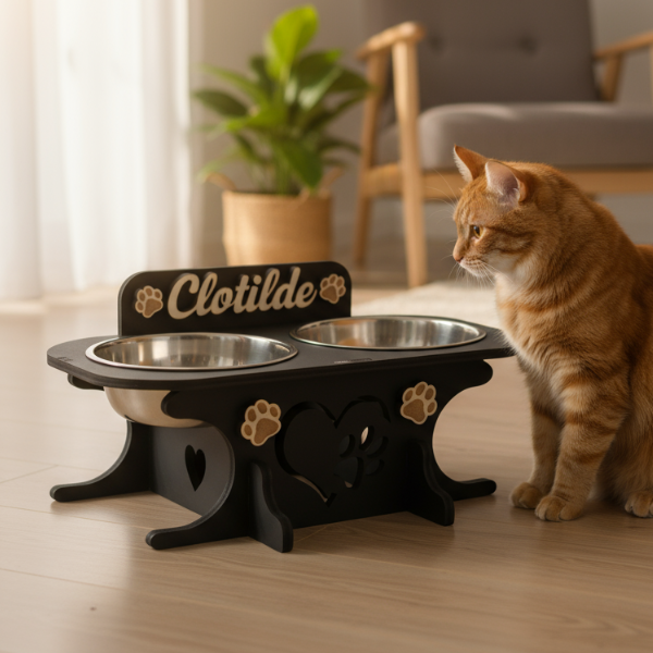 Wooden bowl holder with engraved name — elegant, ergonomic design, custom-made for your dog and cat