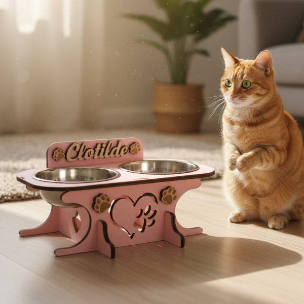 Wooden bowl holder with engraved name — elegant, ergonomic design, custom-made for your dog and cat