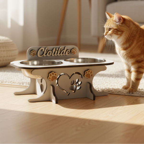 Wooden bowl holder with engraved name — elegant, ergonomic design, custom-made for your dog and cat