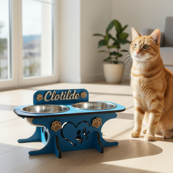 Wooden bowl holder with engraved name — elegant, ergonomic design, custom-made for your dog and cat