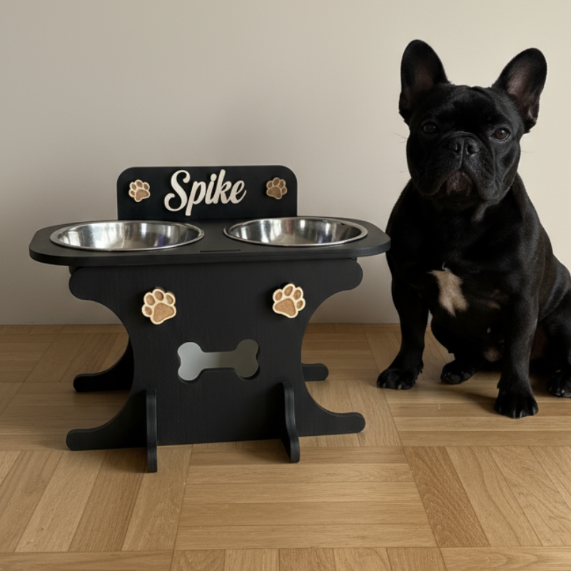 Wooden bowl holder with engraved name — elegant, ergonomic design, custom-made for your dog and cat