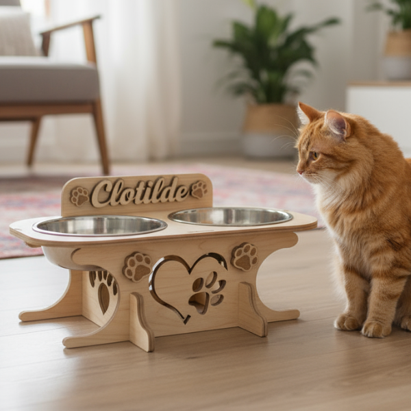 Wooden bowl holder with engraved name — elegant, ergonomic design, custom-made for your dog and cat