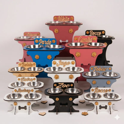 Wooden bowl holder with engraved name — elegant, ergonomic design, custom-made for your dog and cat