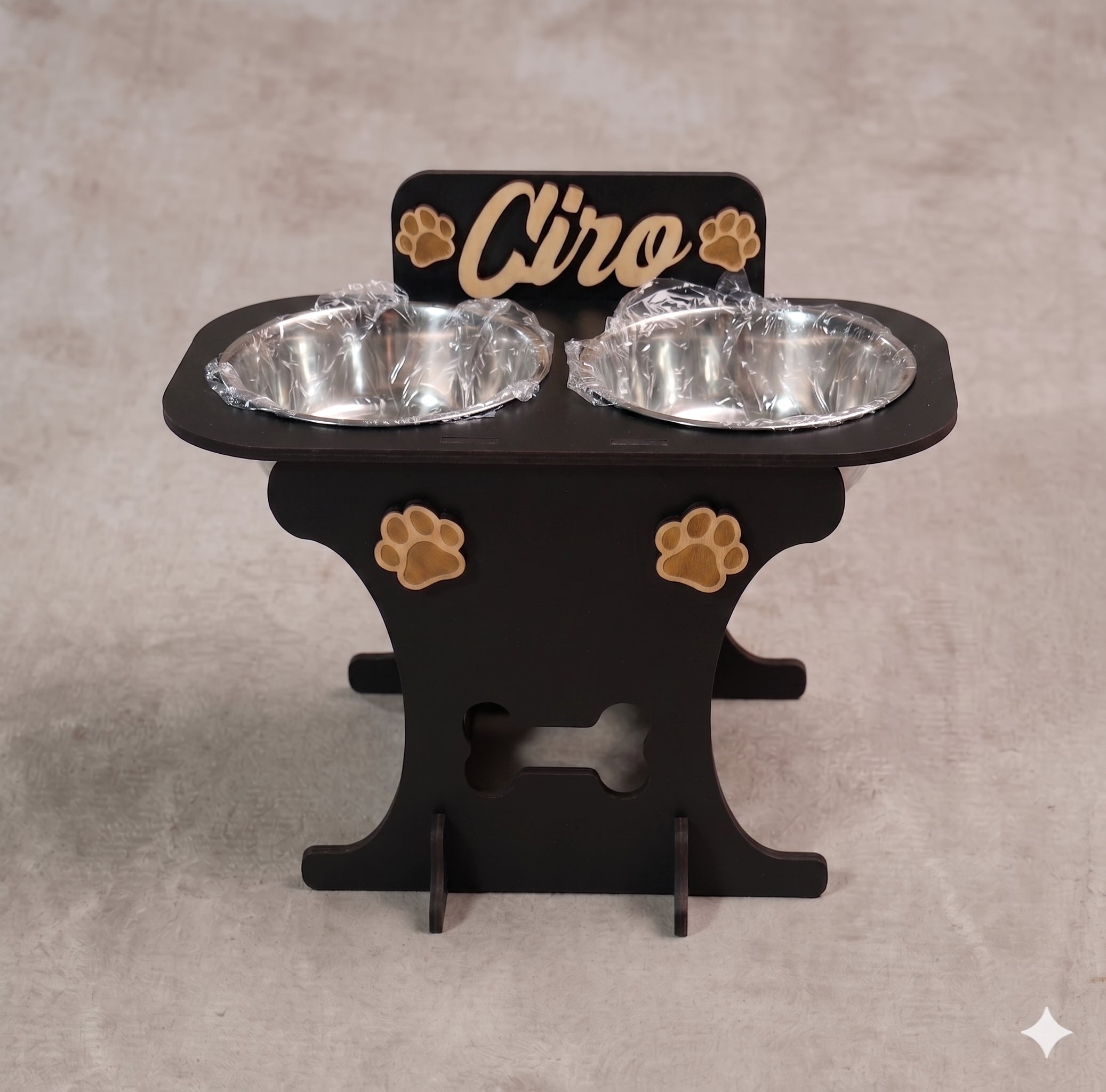 Wooden bowl holder with engraved name — elegant, ergonomic design, custom-made for your dog and cat