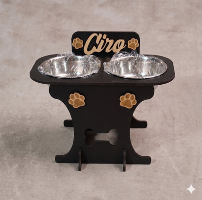 Wooden bowl holder with engraved name — elegant, ergonomic design, custom-made for your dog and cat