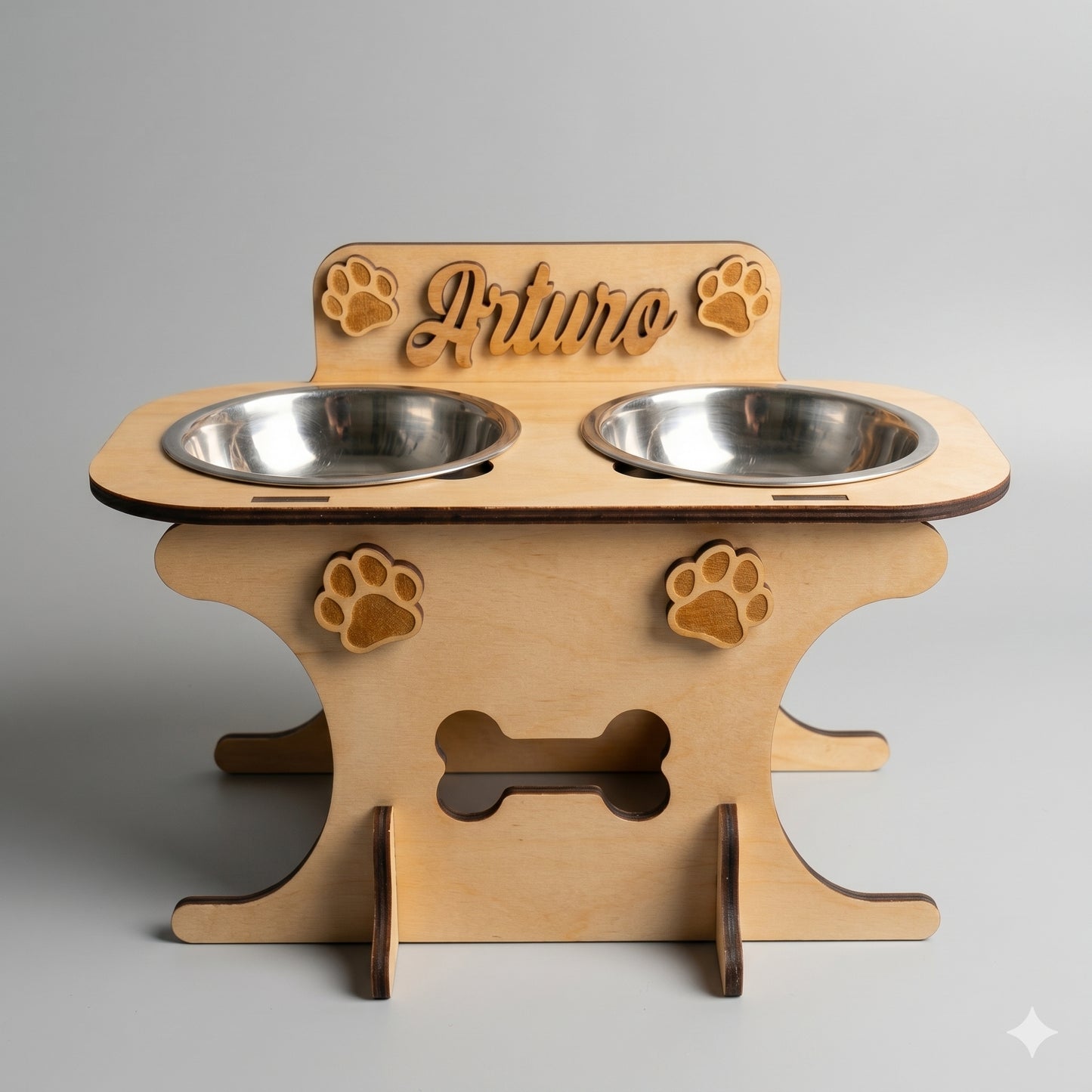 Wooden bowl holder with engraved name — elegant, ergonomic design, custom-made for your dog and cat