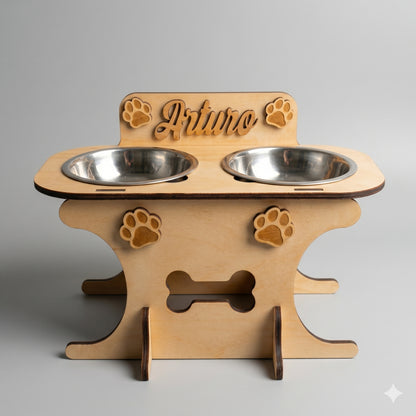 Wooden bowl holder with engraved name — elegant, ergonomic design, custom-made for your dog and cat