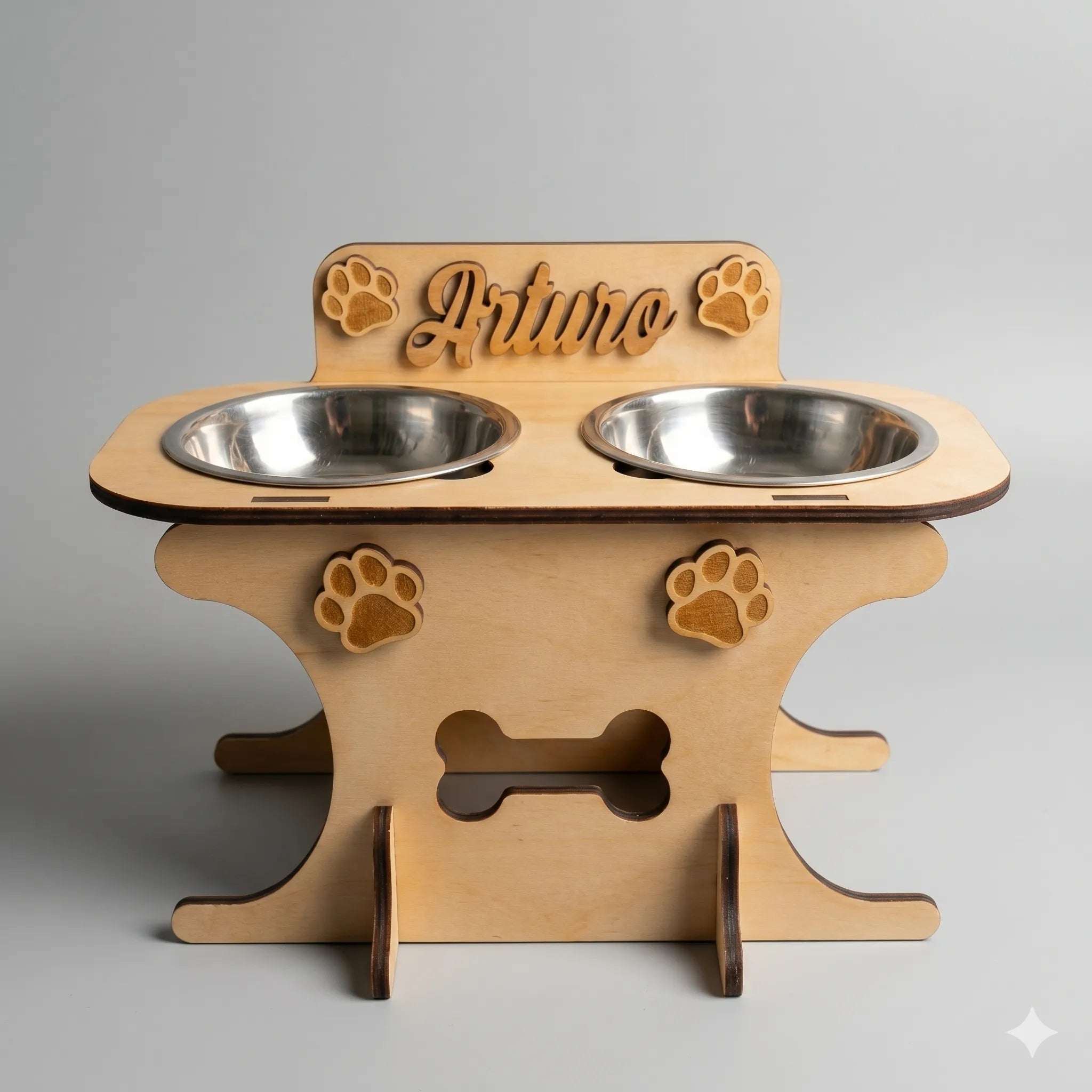 Wooden bowl holder with engraved name — elegant, ergonomic design, custom-made for your dog and cat