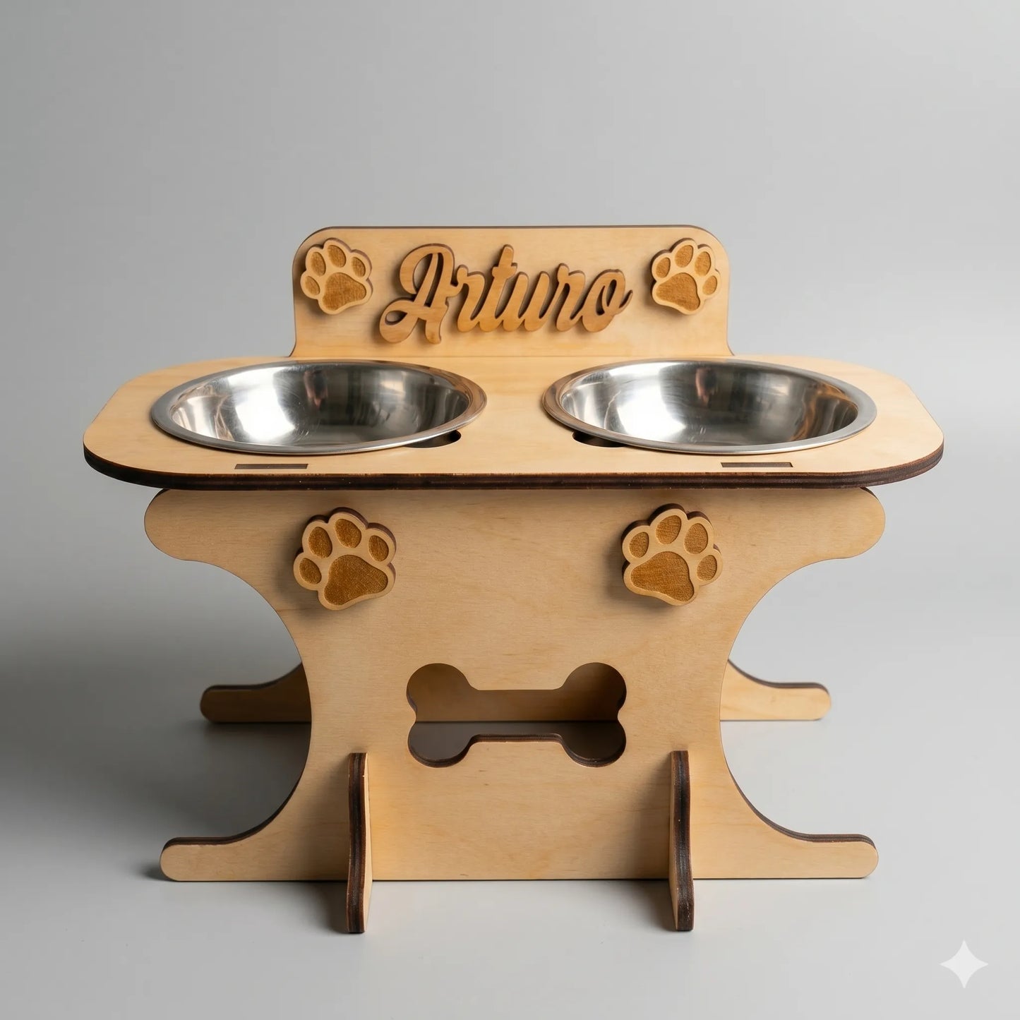 Wooden bowl holder with engraved name — elegant, ergonomic design, custom-made for your dog and cat