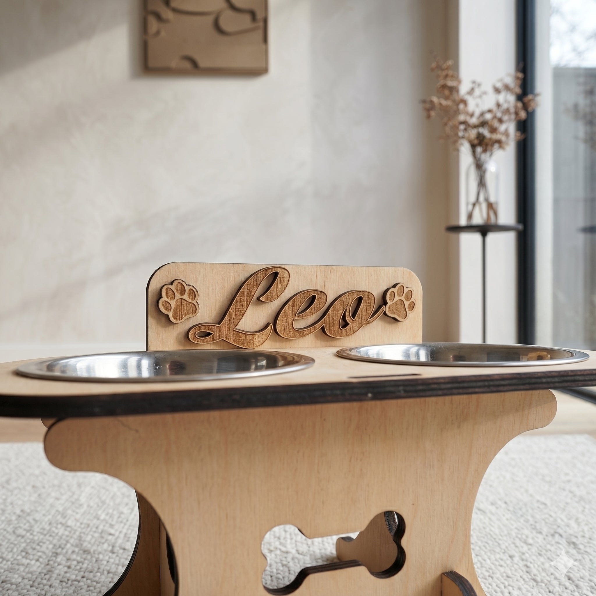 Wooden bowl holder with engraved name — elegant, ergonomic design, custom-made for your dog and cat