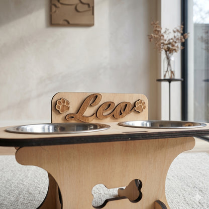 Wooden bowl holder with engraved name — elegant, ergonomic design, custom-made for your dog and cat