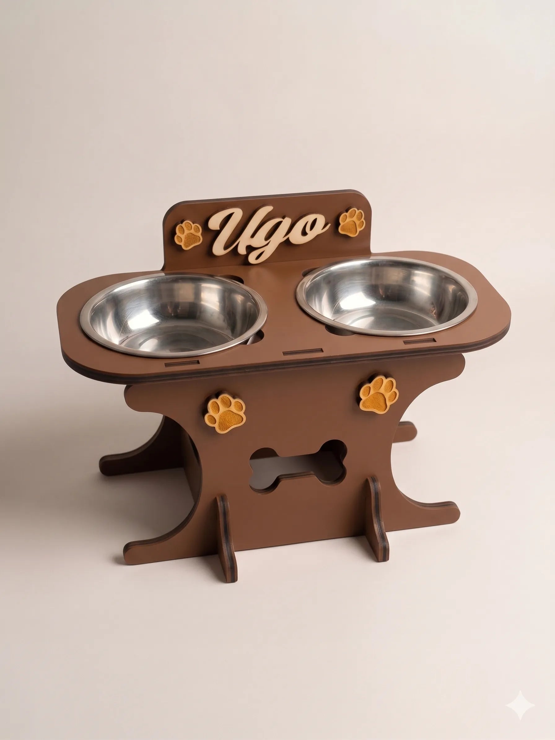 Wooden bowl holder with engraved name — elegant, ergonomic design, custom-made for your dog and cat