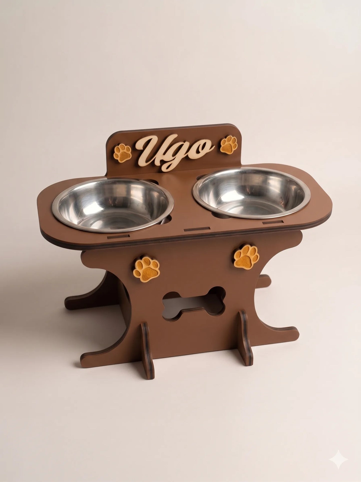 Wooden bowl holder with engraved name — elegant, ergonomic design, custom-made for your dog and cat