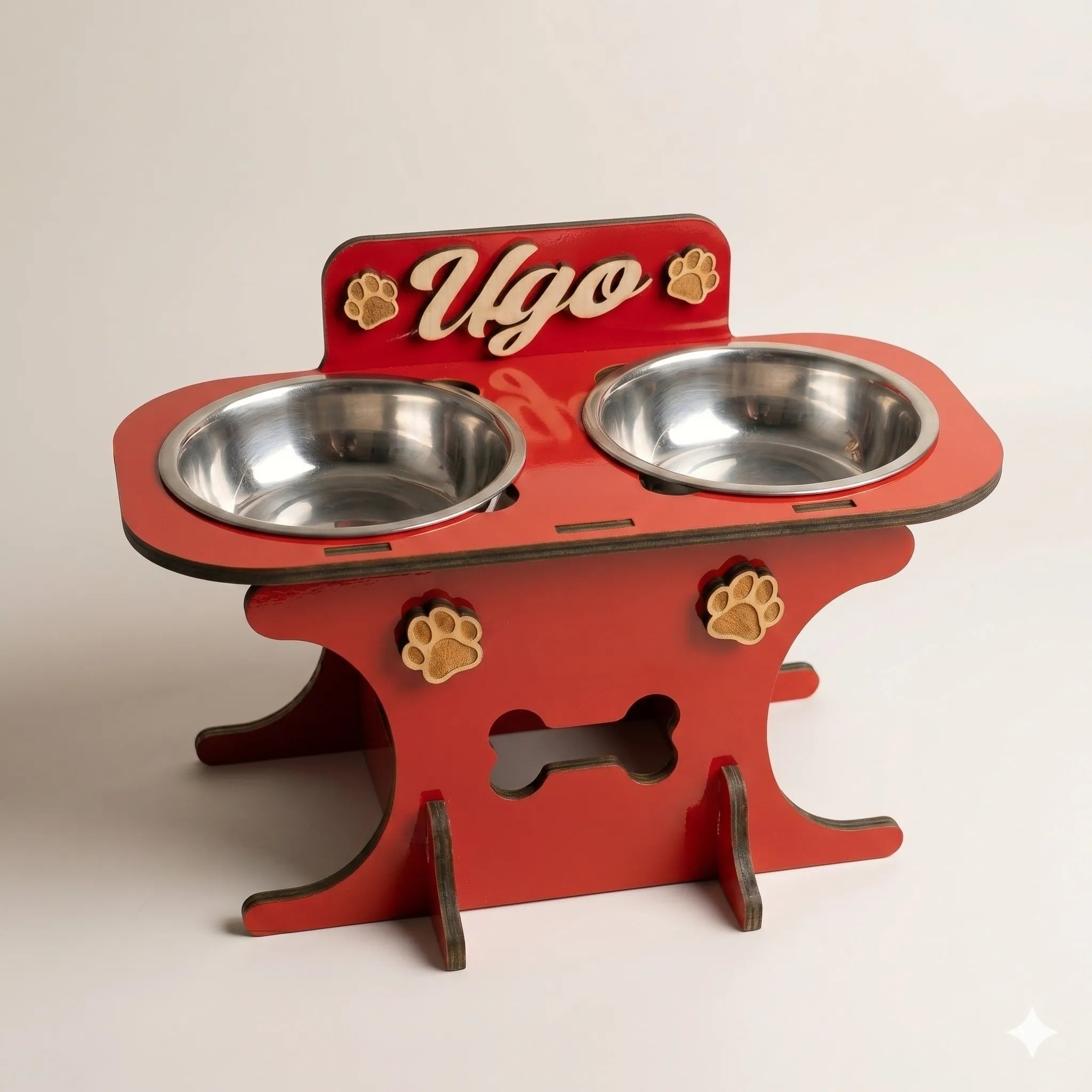 Wooden bowl holder with engraved name — elegant, ergonomic design, custom-made for your dog and cat