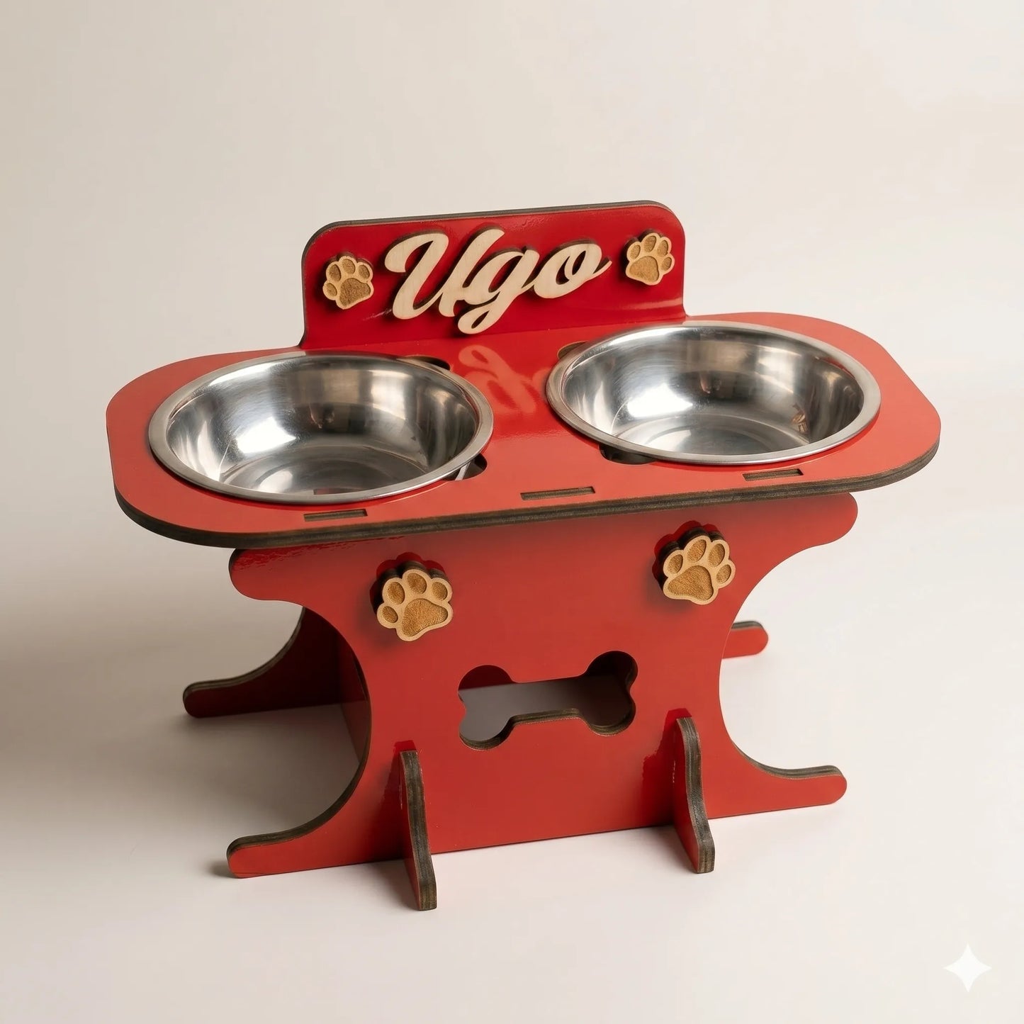 Wooden bowl holder with engraved name — elegant, ergonomic design, custom-made for your dog and cat