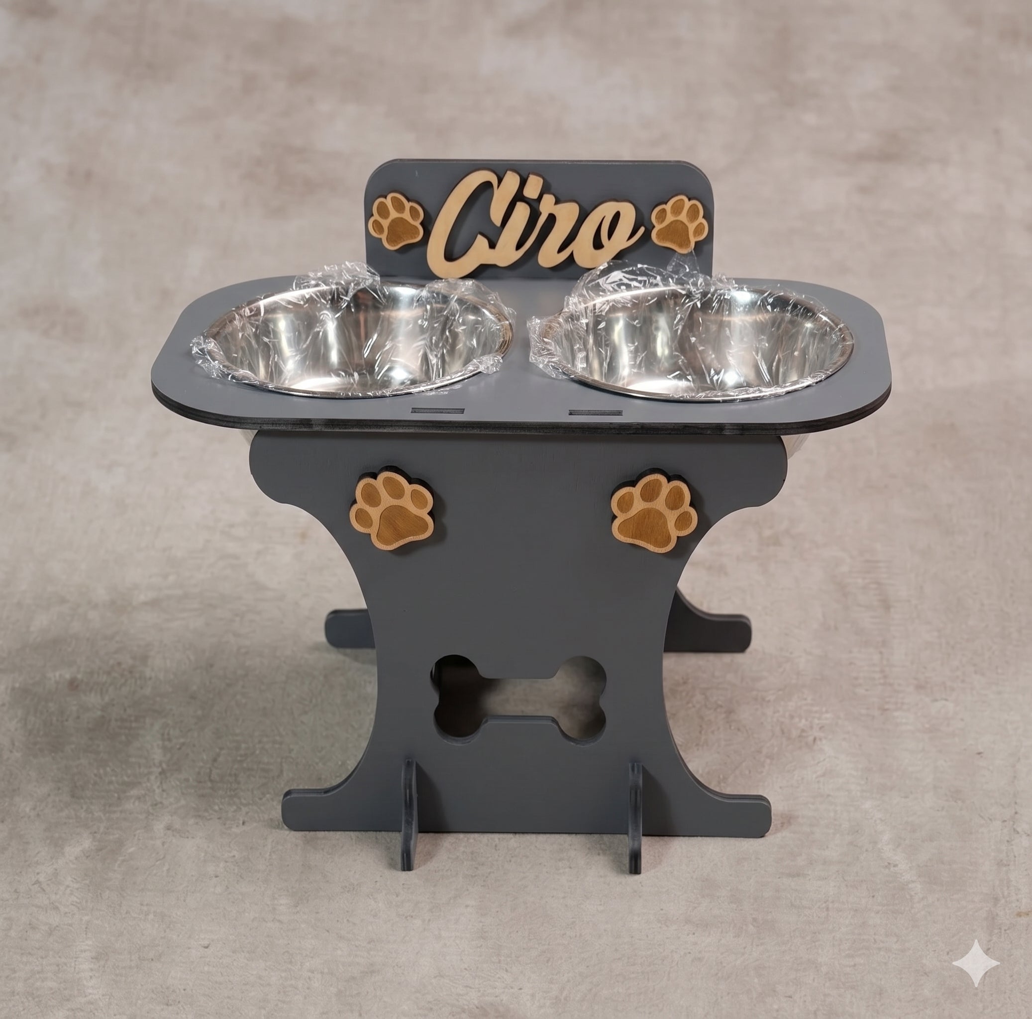 Wooden bowl holder with engraved name — elegant, ergonomic design, custom-made for your dog and cat