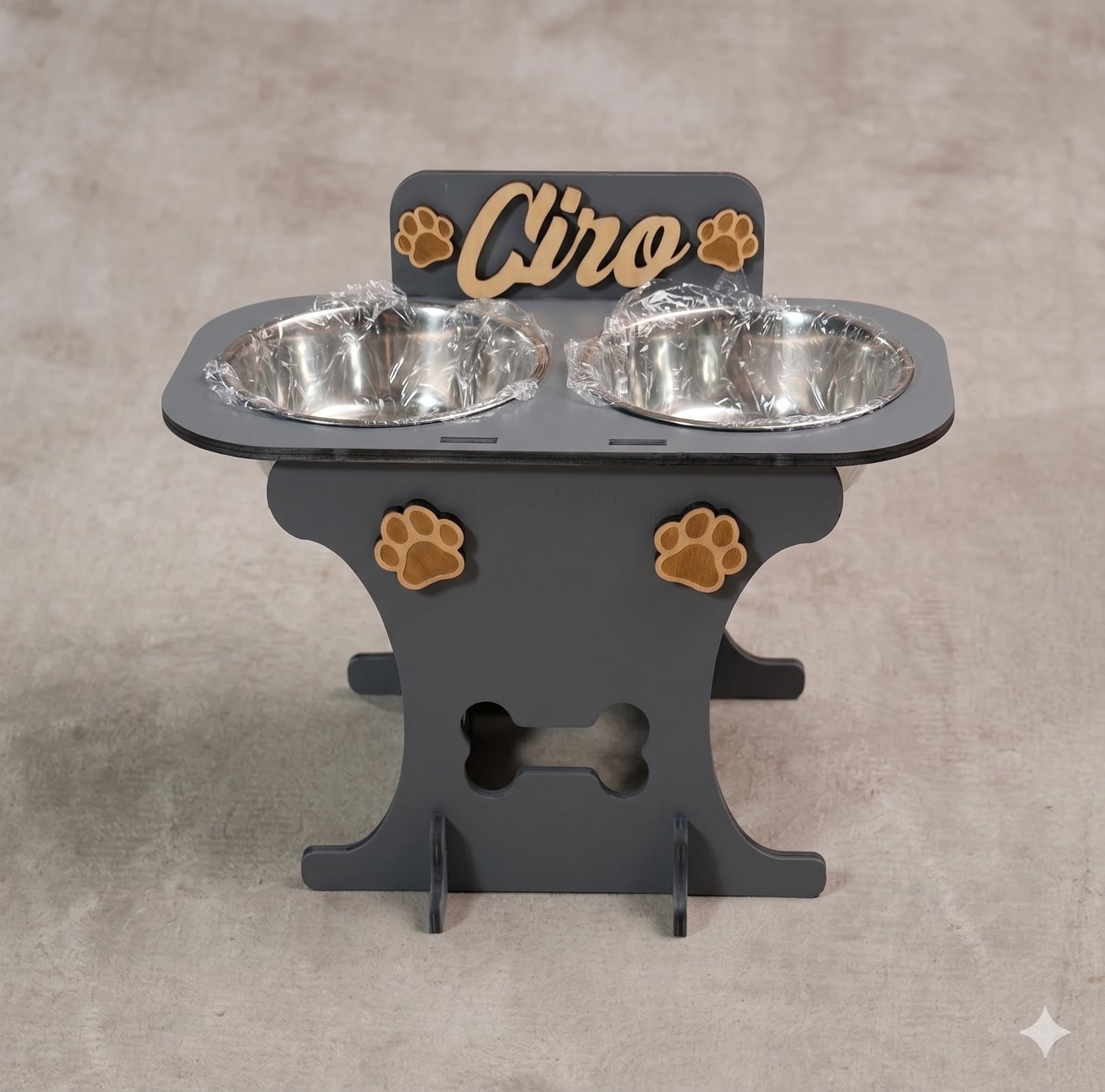 Wooden bowl holder with engraved name — elegant, ergonomic design, custom-made for your dog and cat