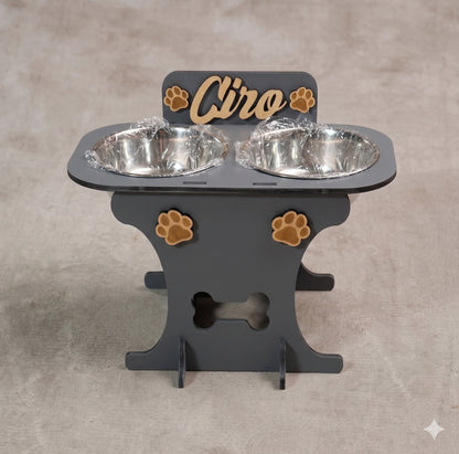 Wooden bowl holder with engraved name — elegant, ergonomic design, custom-made for your dog and cat