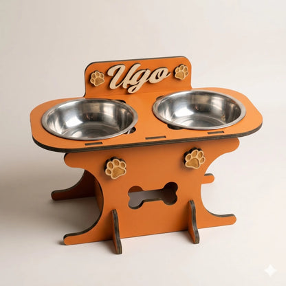 Wooden bowl holder with engraved name — elegant, ergonomic design, custom-made for your dog and cat