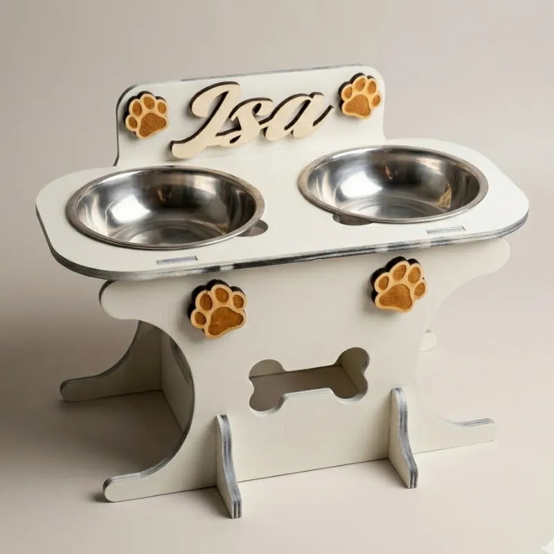 Wooden bowl holder with engraved name — elegant, ergonomic design, custom-made for your dog and cat