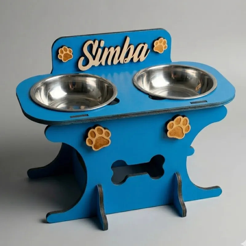 Wooden bowl holder with engraved name — elegant, ergonomic design, custom-made for your dog and cat
