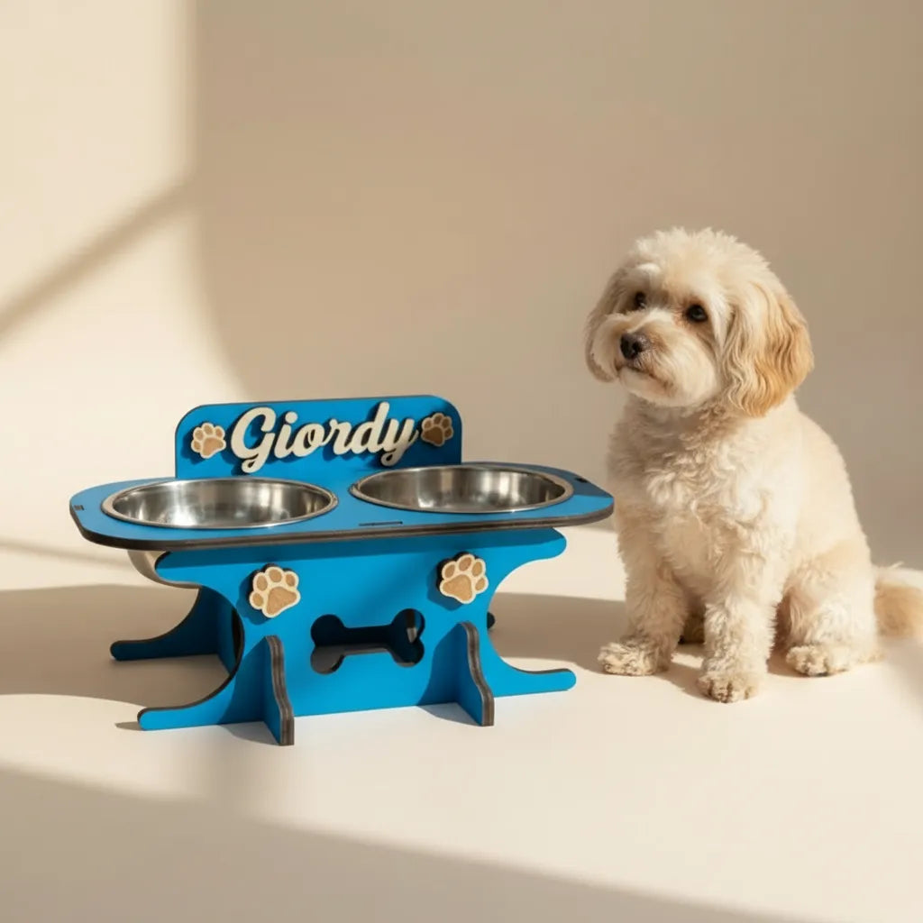 Wooden bowl holder with engraved name — elegant, ergonomic design, custom-made for your dog and cat