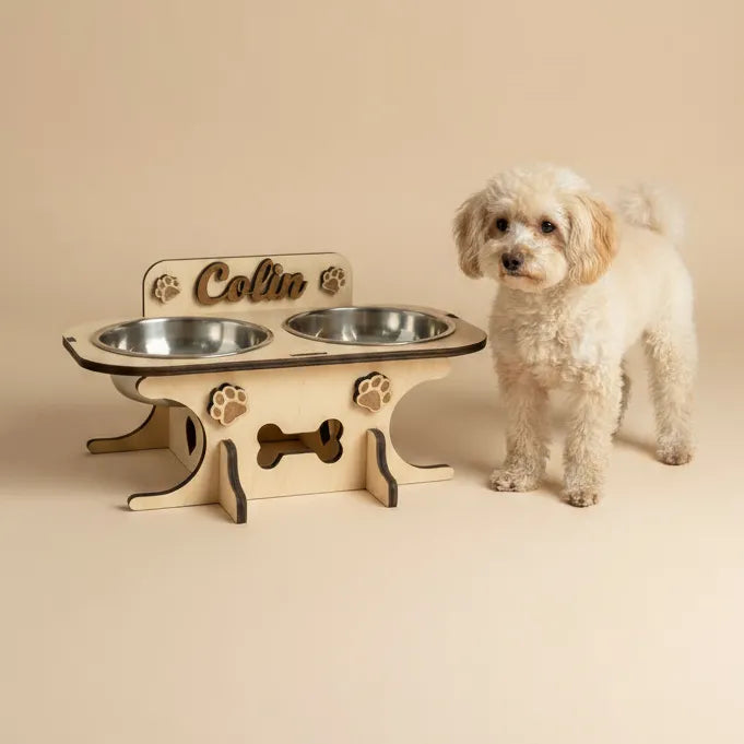 Wooden bowl holder with engraved name — elegant, ergonomic design, custom-made for your dog and cat