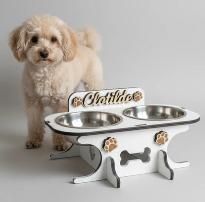 Wooden bowl holder with engraved name — elegant, ergonomic design, custom-made for your dog and cat