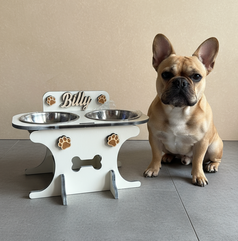 Wooden bowl holder with engraved name — elegant, ergonomic design, custom-made for your dog and cat