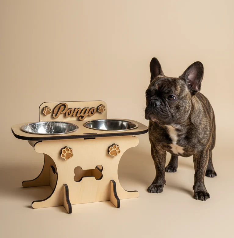 Wooden bowl holder with engraved name — elegant, ergonomic design, custom-made for your dog and cat