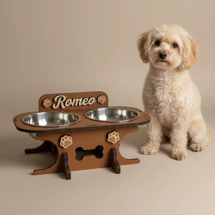 Wooden bowl holder with engraved name — elegant, ergonomic design, custom-made for your dog and cat
