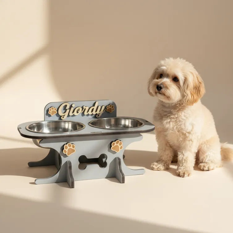 Wooden bowl holder with engraved name — elegant, ergonomic design, custom-made for your dog and cat