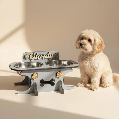 Wooden bowl holder with engraved name — elegant, ergonomic design, custom-made for your dog and cat