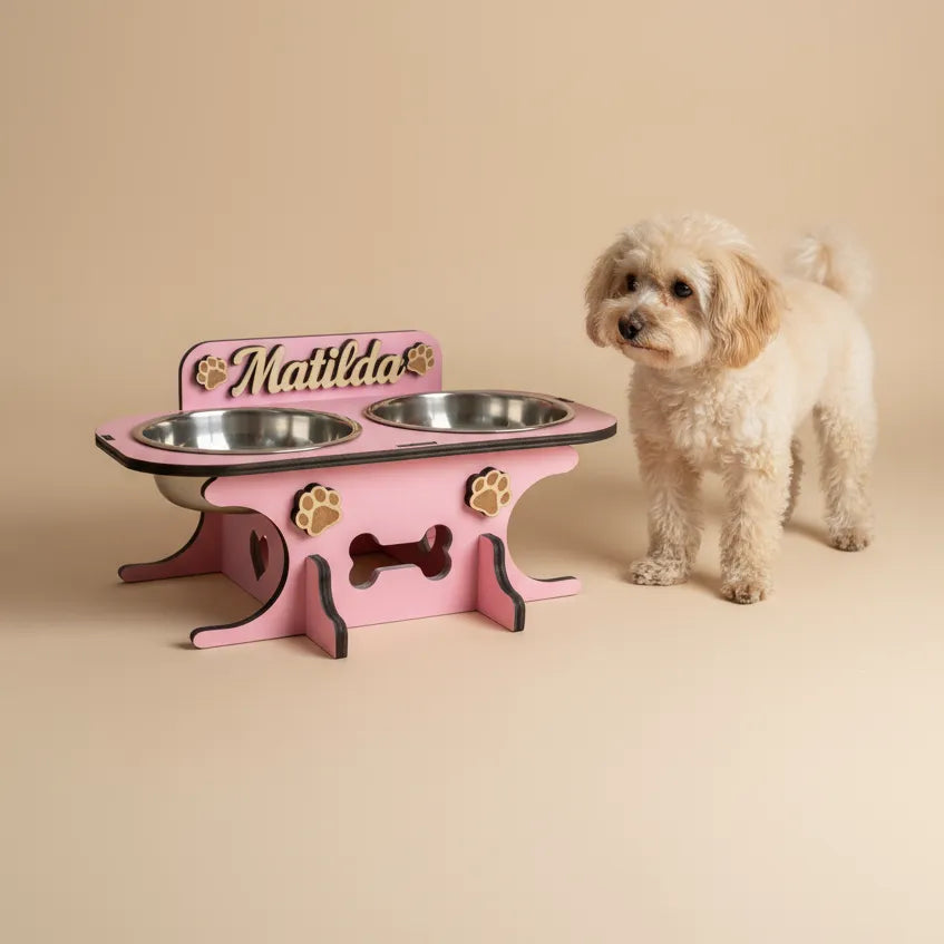 Wooden bowl holder with engraved name — elegant, ergonomic design, custom-made for your dog and cat