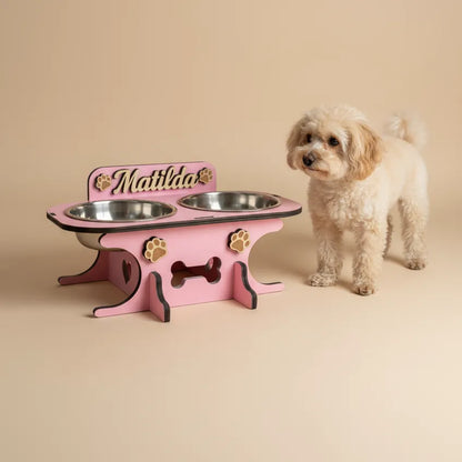 Wooden bowl holder with engraved name — elegant, ergonomic design, custom-made for your dog and cat