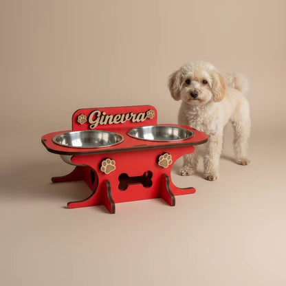 Wooden bowl holder with engraved name — elegant, ergonomic design, custom-made for your dog and cat