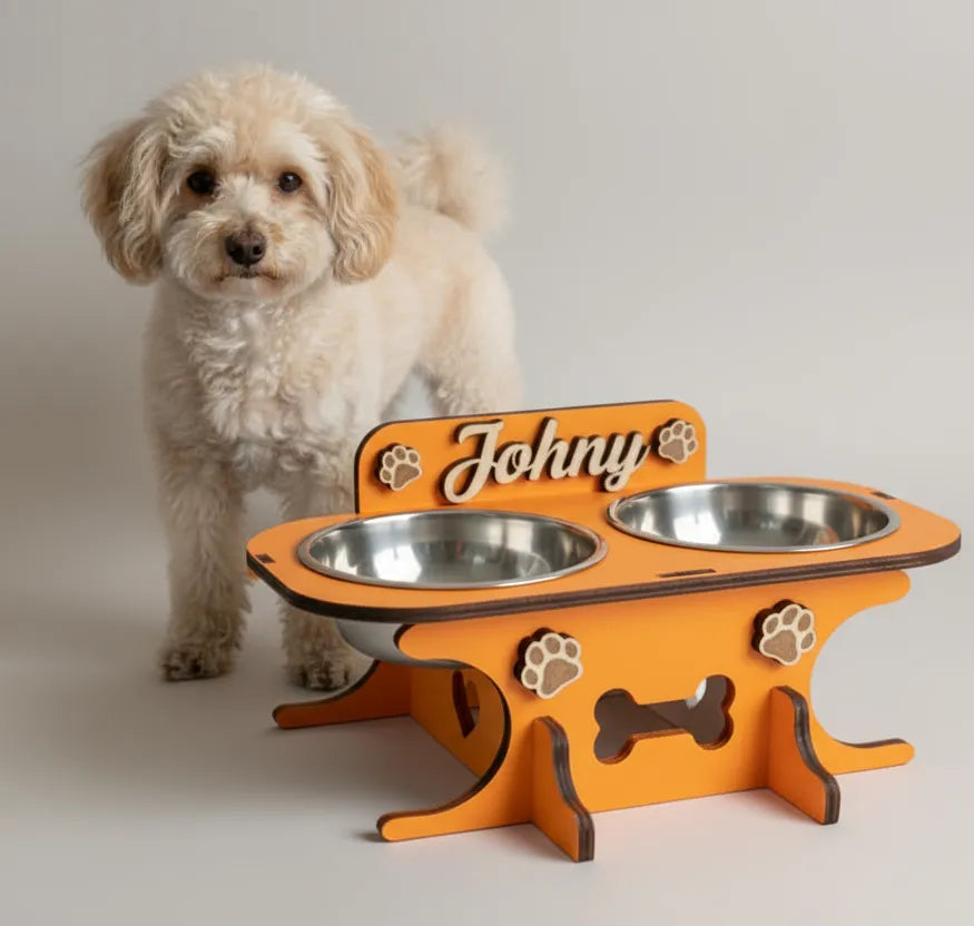 Wooden bowl holder with engraved name — elegant, ergonomic design, custom-made for your dog and cat