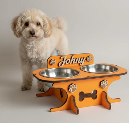Wooden bowl holder with engraved name — elegant, ergonomic design, custom-made for your dog and cat