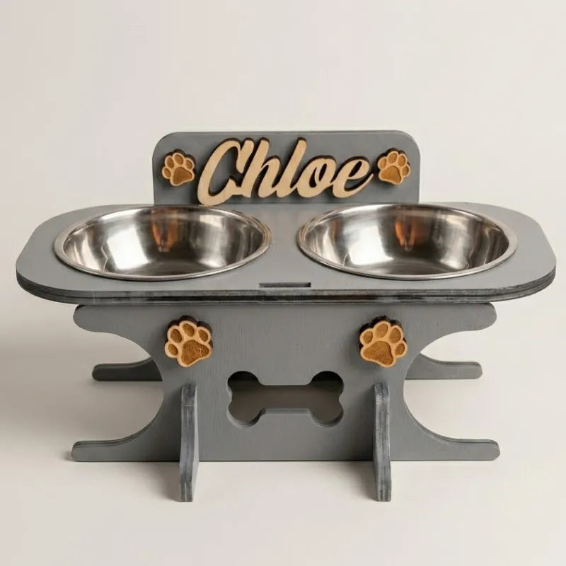 Wooden bowl holder with engraved name — elegant, ergonomic design, custom-made for your dog and cat