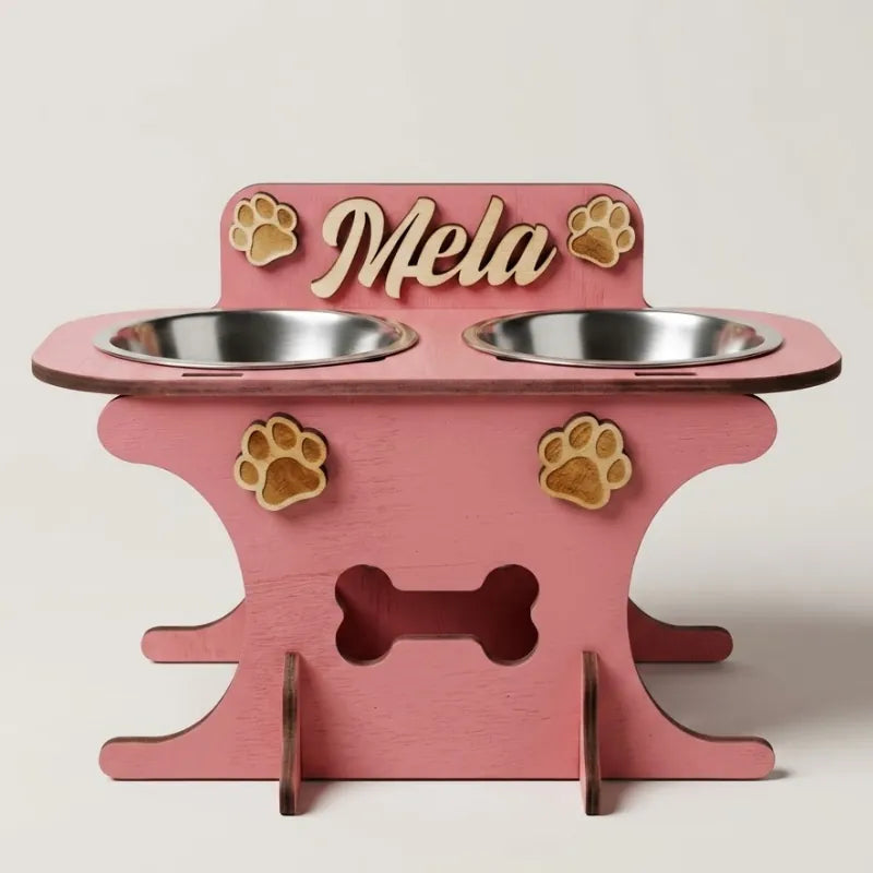 Wooden bowl holder with engraved name — elegant, ergonomic design, custom-made for your dog and cat