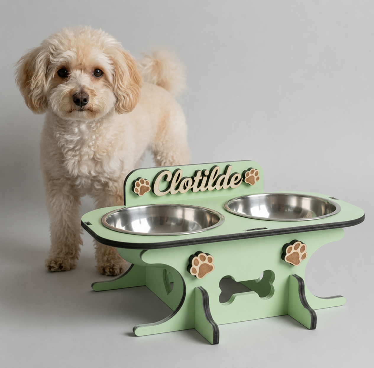 Wooden bowl holder with engraved name — elegant, ergonomic design, custom-made for your dog and cat